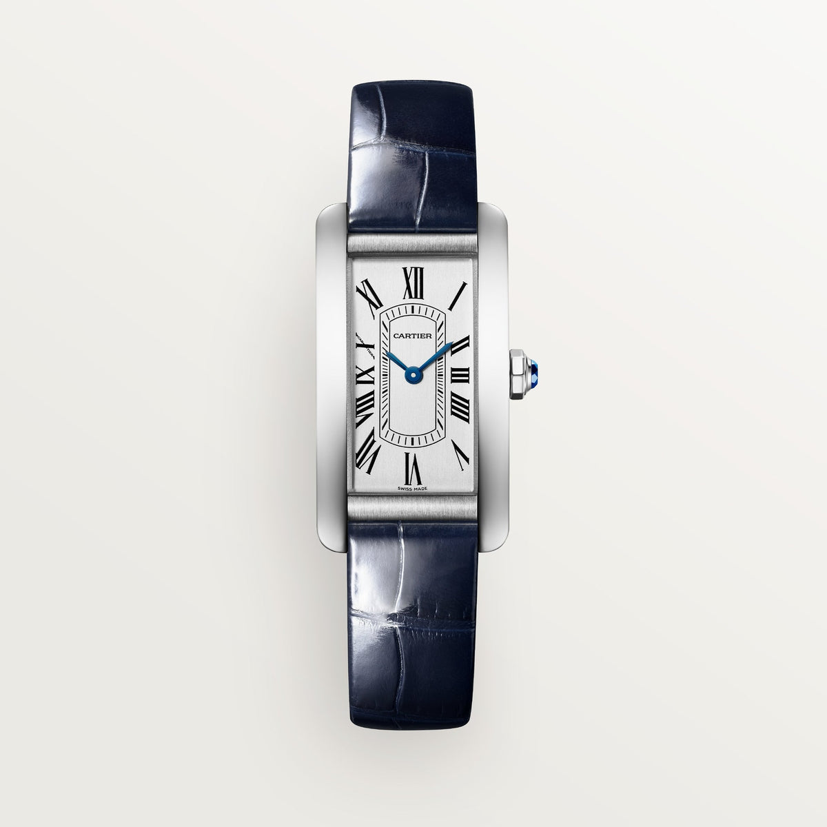 Cartier Tank Américaine Small Steel Silver Dial Shiny Blue  Skin Strap WSTA0082 - WATCHXNYC