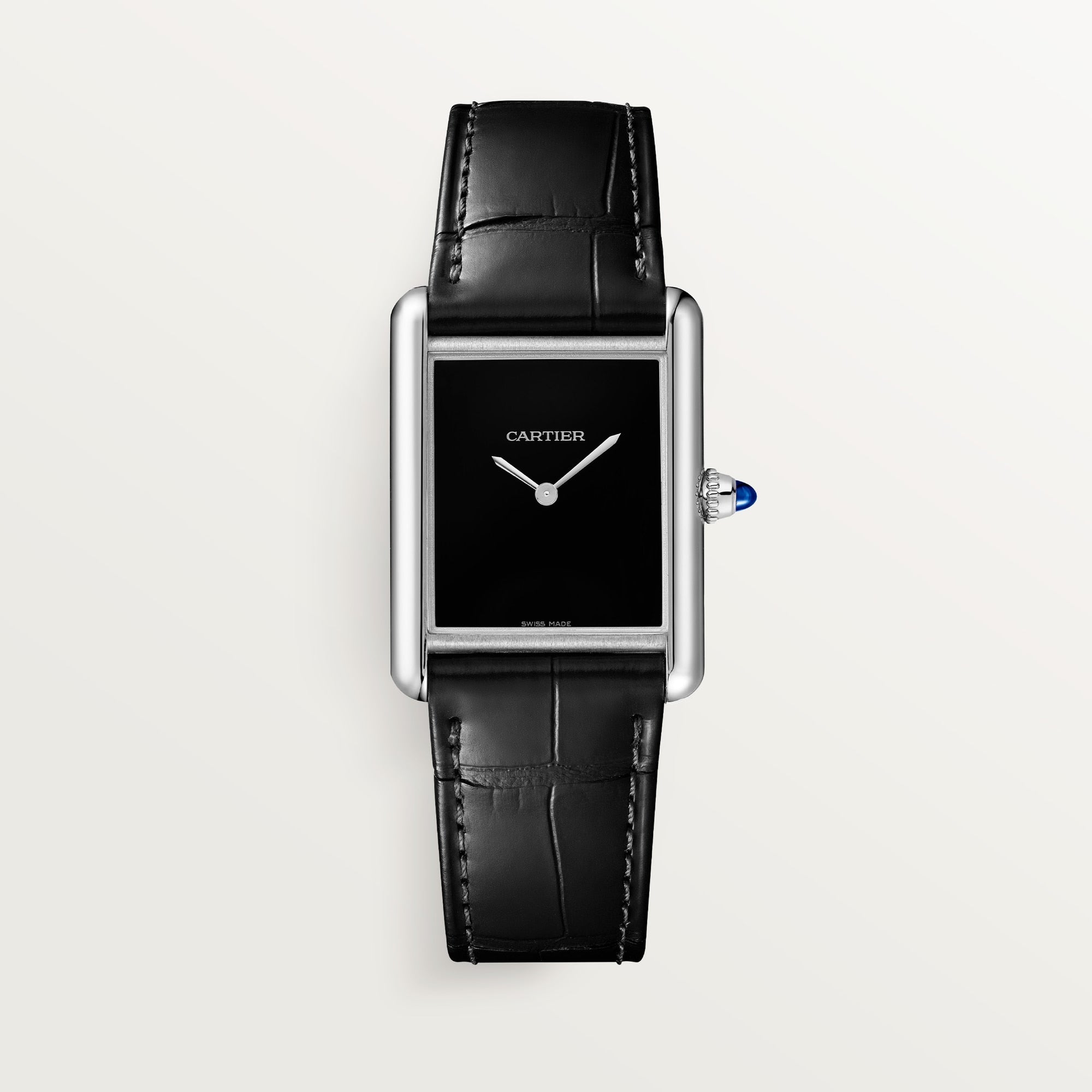 Cartier Tank Must Large Steel Black Lacquered Dial  Leather Strap WSTA0072 - WATCHXNYC