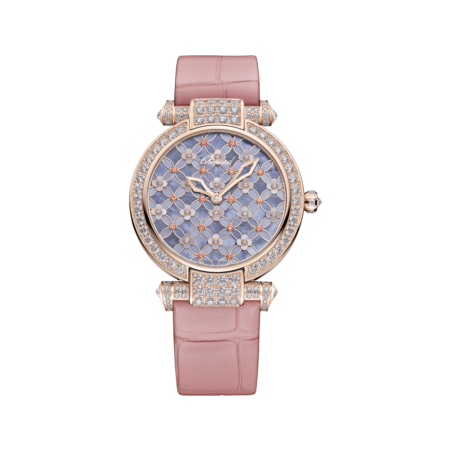 Chopard IMPERIALE MÉTIERS D'ART 36 mm Blue Dial with Diamonds 18k Rose Gold   Leather Strap 385392-5001 - WATCHXNYC