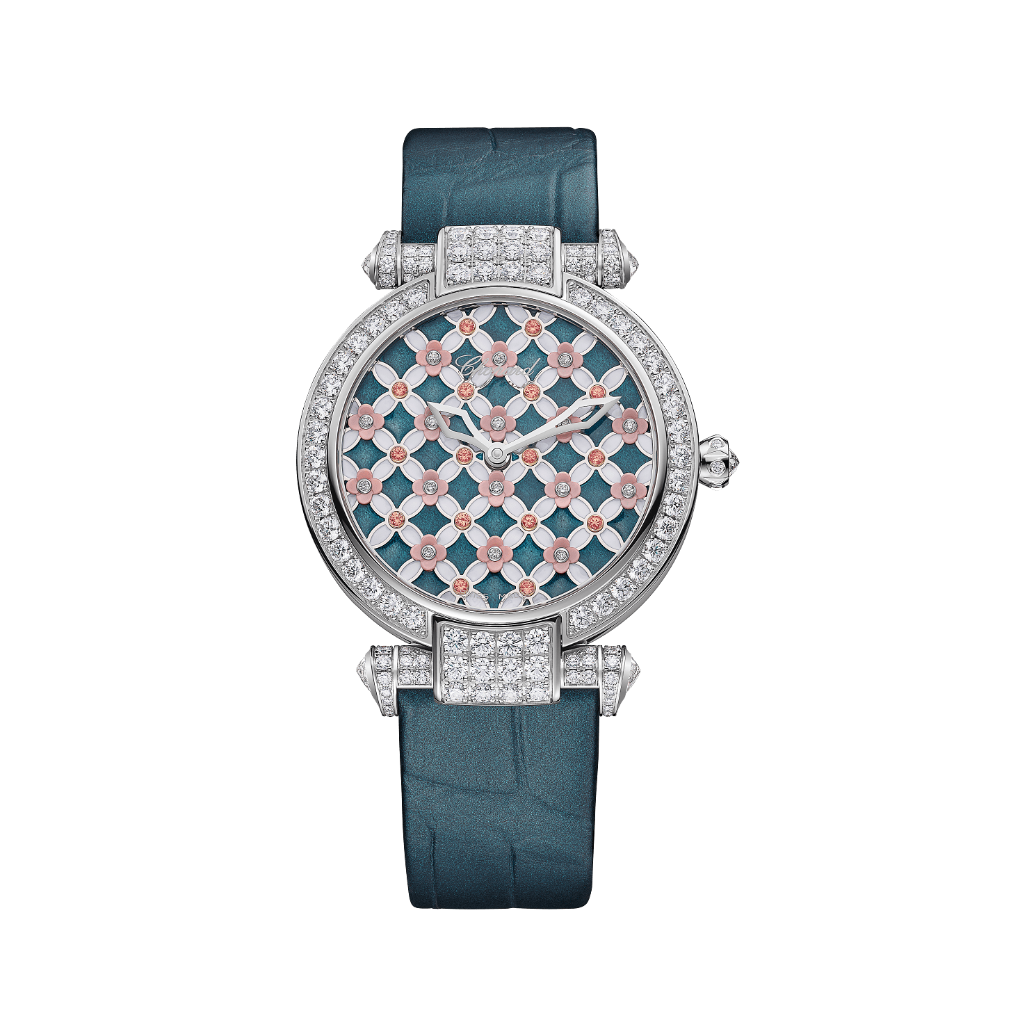 Chopard IMPERIALE MÉTIERS D'ART 36 mm Blue Dial with Diamonds 18K White Gold   Leather Strap 385392-1001 - WATCHXNYC