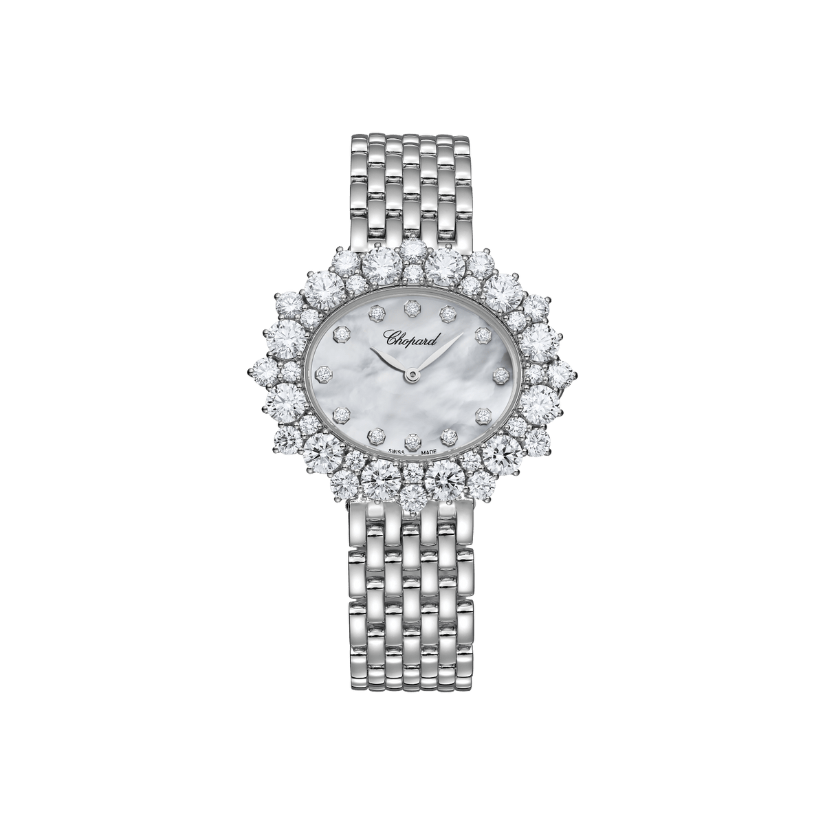 Chopard L’Heure du Diamant Oval Medium 36 mm White Mother-Of-Pearl Dial with Diamonds 18K White Gold Bracelet @10A390-1100 - WATCHXNYC