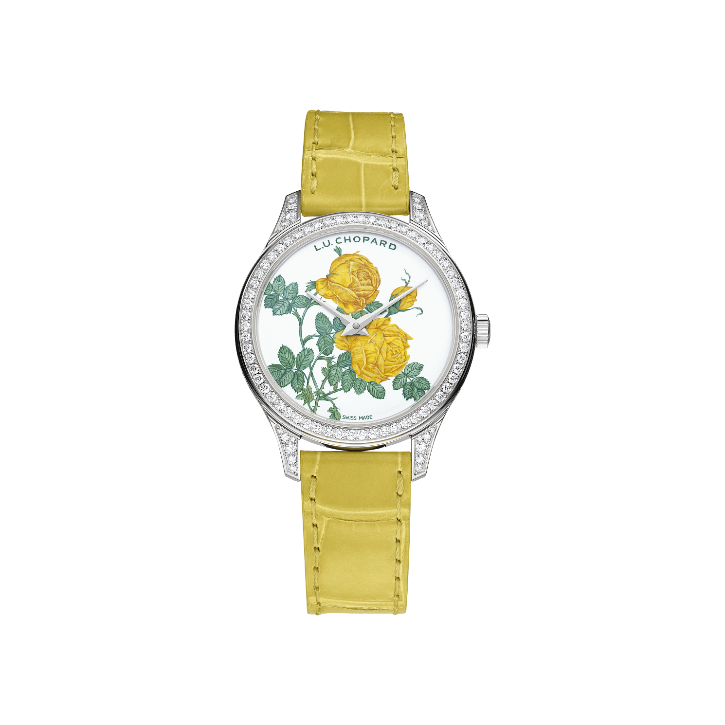 Chopard L.U.C XP Esprit de Fleurier 35 mm Yellow Dial with Diamonds 18K White Gold   Leather Strap 131944-1001 - WATCHXNYC