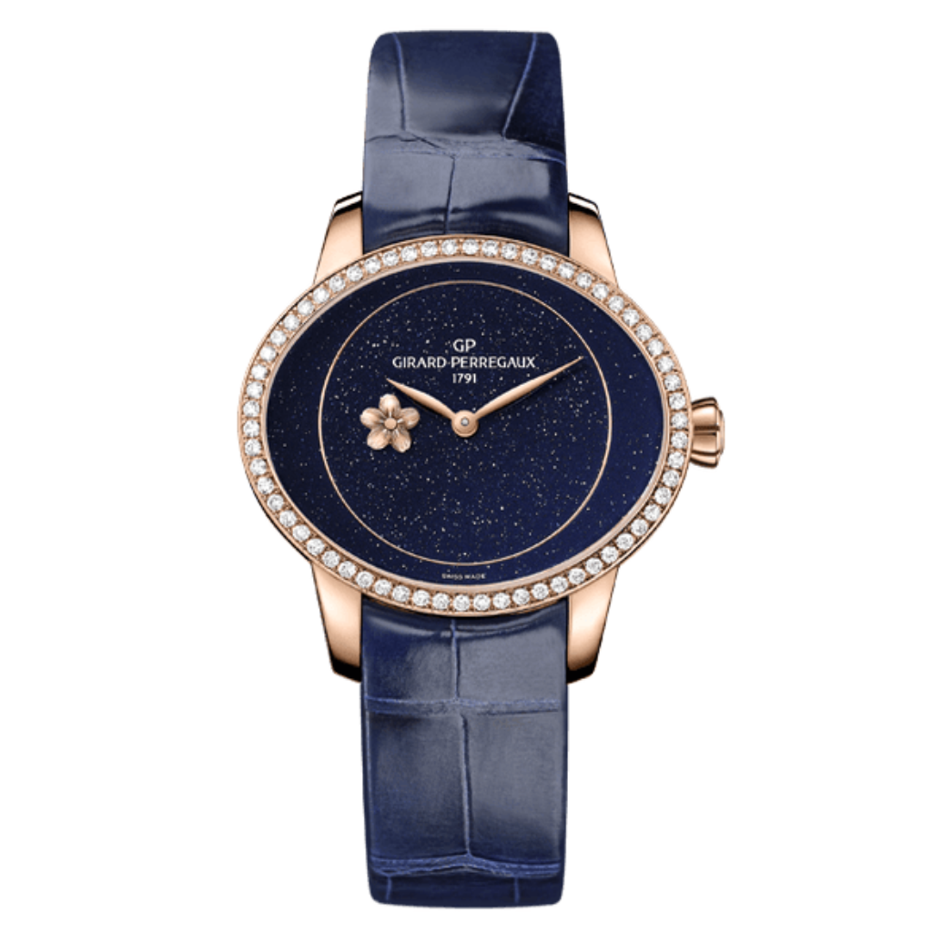Girard-Perregaux Cat’s Eye Plum Blossom 35.40 x 30.40 mm Blue Aventurine Dial with Diamonds 18K Pink Gold   Leather Strap 80484D52A401-CK4E - WATCHXNYC