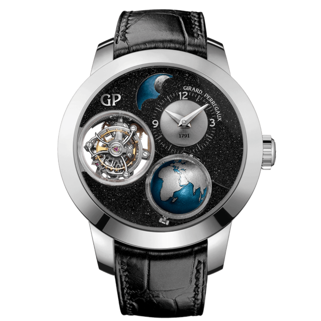 Girard-Perregaux Planetarium Tri-Axial Earth to Sky Edition 48 mm Black Aventurine Dial 18K White Gold   Leather Strap 99290-53-653-BA6A - WATCHXNYC