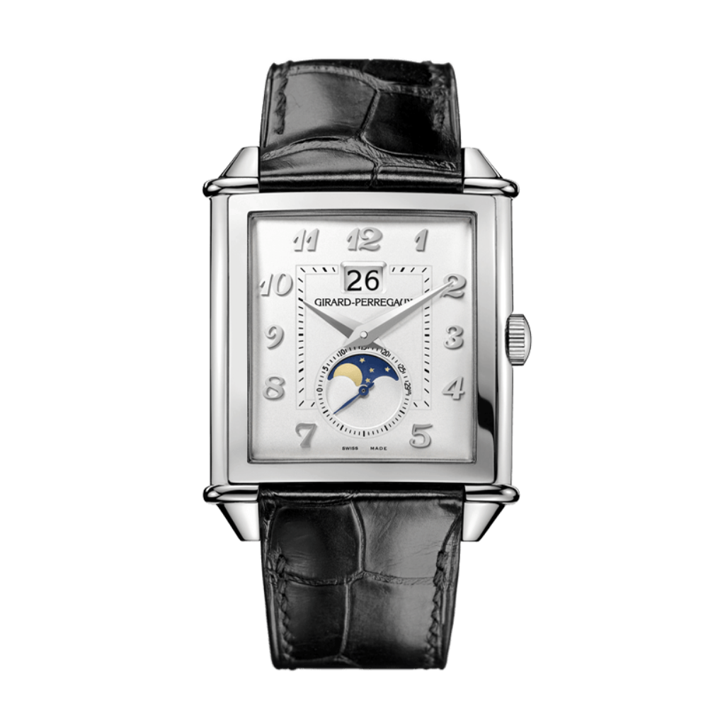 Girard-Perregaux Vintage 1945 XXL Large Date and Moon Phases 36.10 x 35.25 mm Silver Dial Stainless Steel   Leather Strap 25882-11-121-BB6B - WATCHXNYC