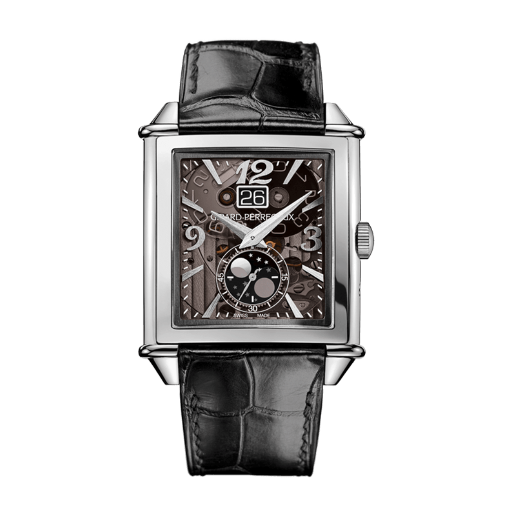 Girard-Perregaux Vintage 1945 XXL Large Date and Moon Phases 36.10 x 35.25 mm Transparent Dial Stainless Steel   Leather Strap 25882-11-223-BB6B - Wrist Boutique