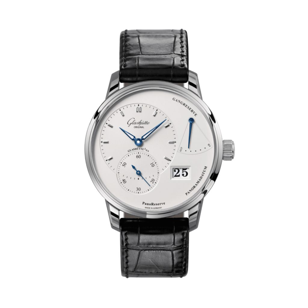 Glashuette Original PanoReserve 40 mm Silver Galvanized Dial Stainless Steel Louisiana   Leather Strap 1-65-01-22-12-61 - WATCHXNYC