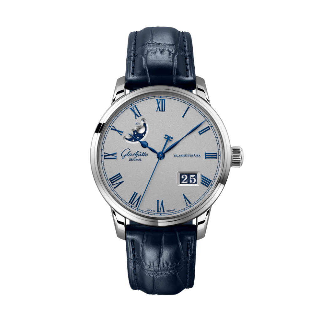 Glashuette Original Senator Excellence Panorama Date Moon Phase 40 mm Grey Dial Stainless Steel Louisiana   Leather Strap, Blue 1-36-24-02-02-61 - Wrist Boutique
