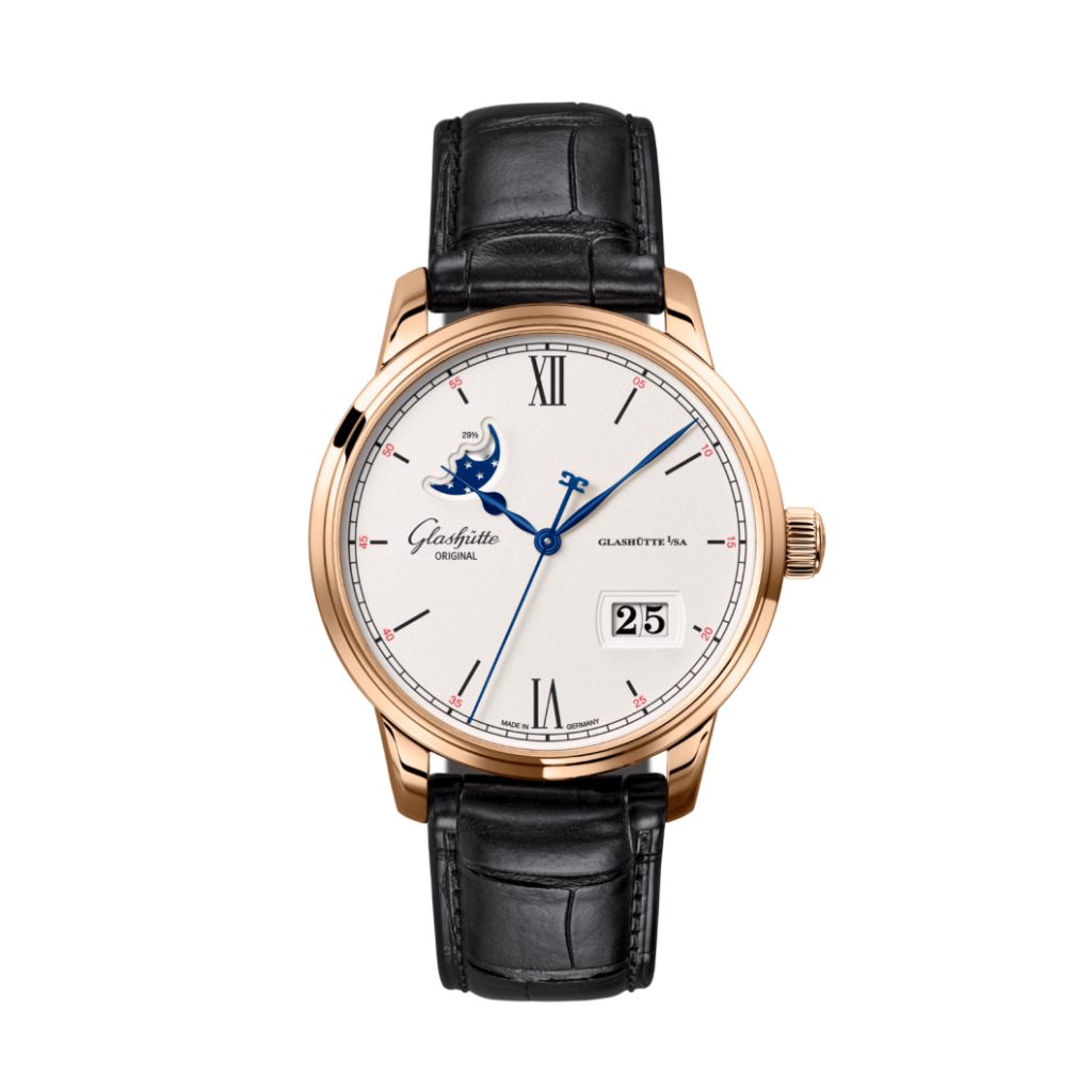 Glashuette Original Senator Excellence Panorama Date Moon Phase 40 mm Silver Dial Red Gold Louisiana   Nubuk Leather Strap, Black 1-36-04-02-05-61 - Wrist Boutique