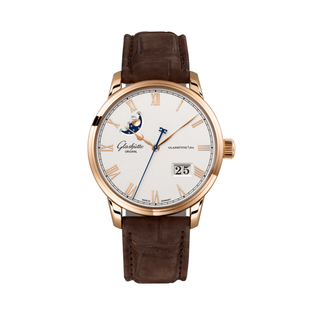 Glashuette Original Senator Excellence Panorama Date Moon Phase 40 mm Silver Dial Red Gold Louisiana   Nubuk Leather Strap, Brown 1-36-24-02-05-62 - Wrist Boutique