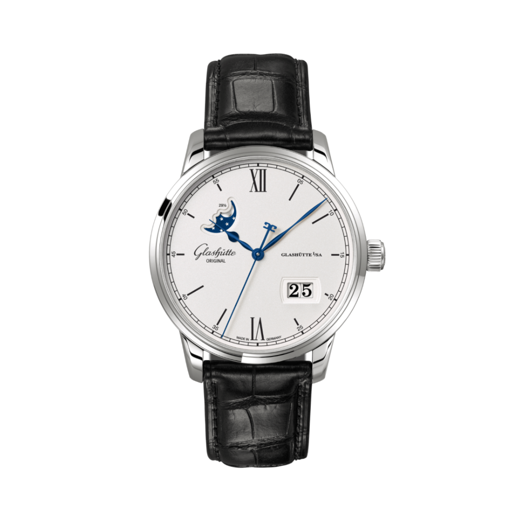 Glashuette Original Senator Excellence Panorama Date Moon Phase 40 mm Silver Dial Stainless Steel Louisiana   Leather Strap, Black 1-36-04-01-02-61 - Wrist Boutique