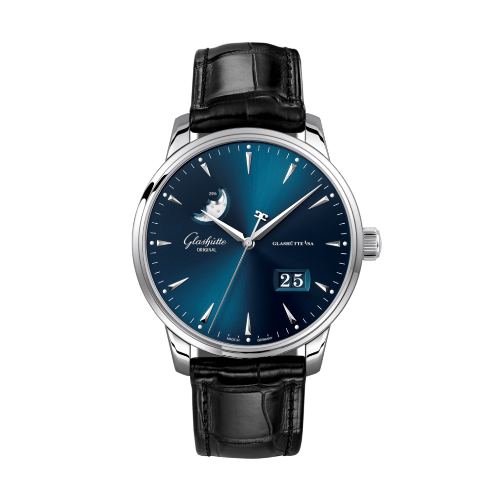 Glashuette Original Senator Excellence Panorama Date Moon Phase 42 mm Blue Dial Stainless Steel Louisiana   Leather Strap, Black 1-36-04-04-02-30 - Wrist Boutique