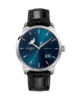 Glashuette Original Senator Excellence Panorama Date Moon Phase 42 mm Blue Dial Stainless Steel Louisiana   Leather Strap, Black 1-36-04-04-02-30 - WATCHXNYC