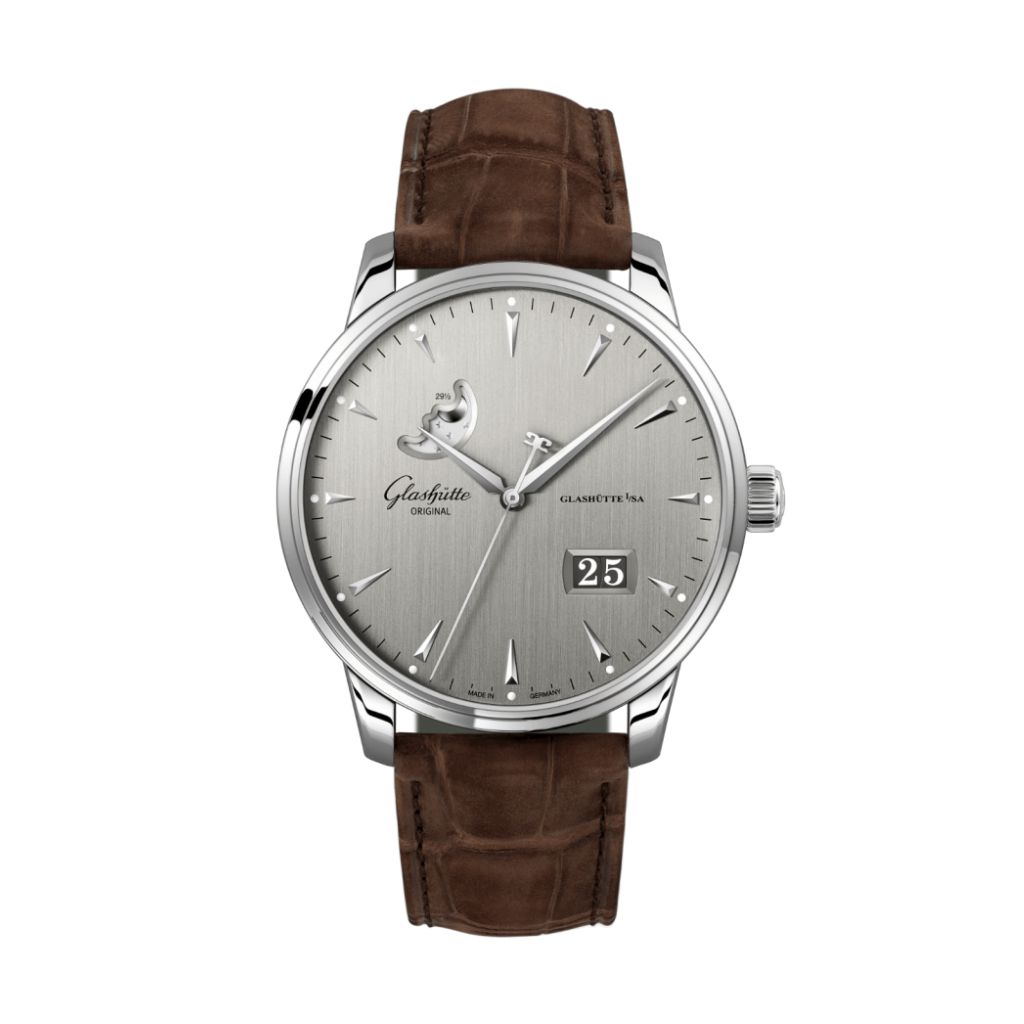 Glashuette Original Senator Excellence Panorama Date Moon Phase 42 mm Silver Dial Stainless Steel Louisiana   Nubuk Leather Strap, Brown 1-36-04-03-02-31 - Wrist Boutique