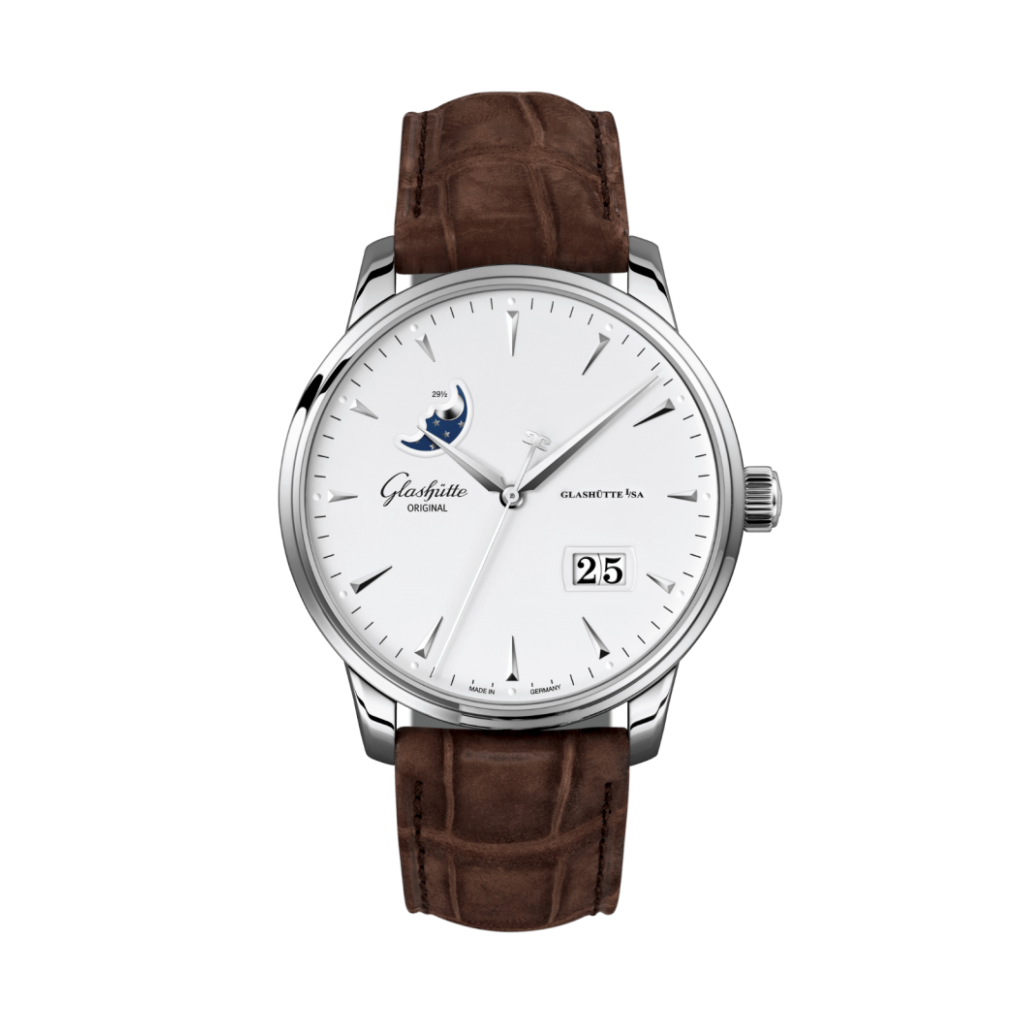 Glashuette Original Senator Excellence Panorama Date Moon Phase 42 mm White Dial Stainless Steel Louisiana   Nubuk Leather Strap, Brown 1-36-04-05-02-31 - Wrist Boutique