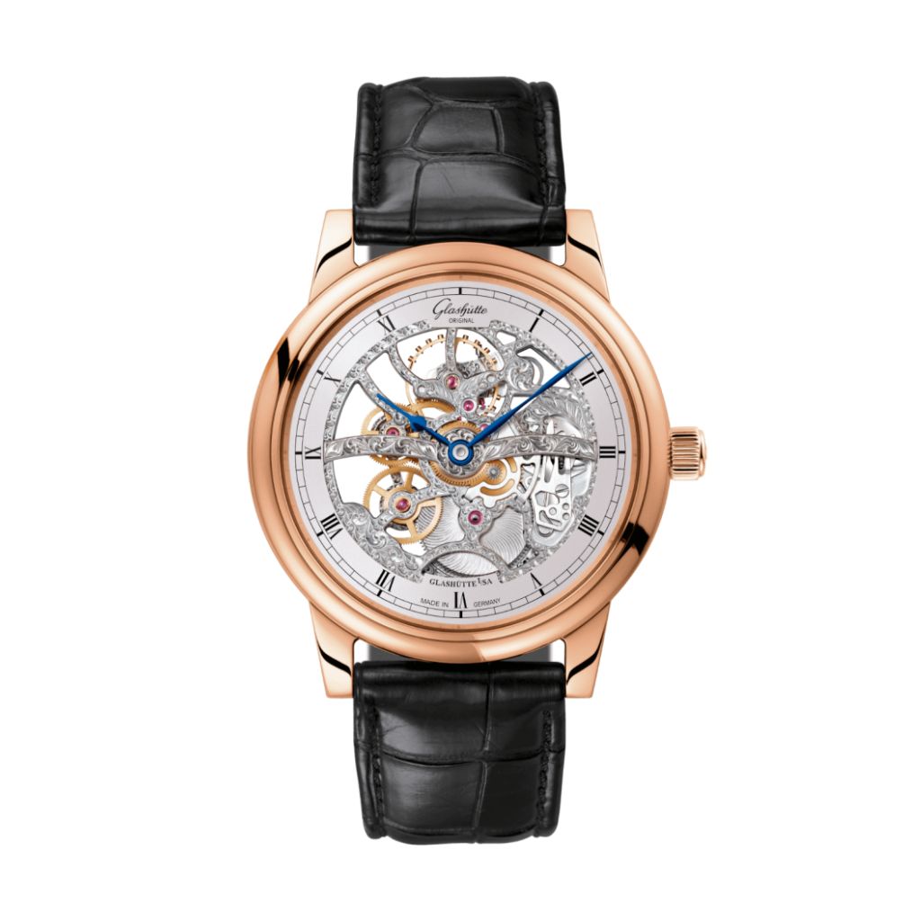 Glashuette Original Senator Manual Winding Skeletonised Edition 42 mm Silver Galvanized Dial Red Gold Louisiana   Leather Strap, Black 1-49-18-01-05-30 - Wrist Boutique