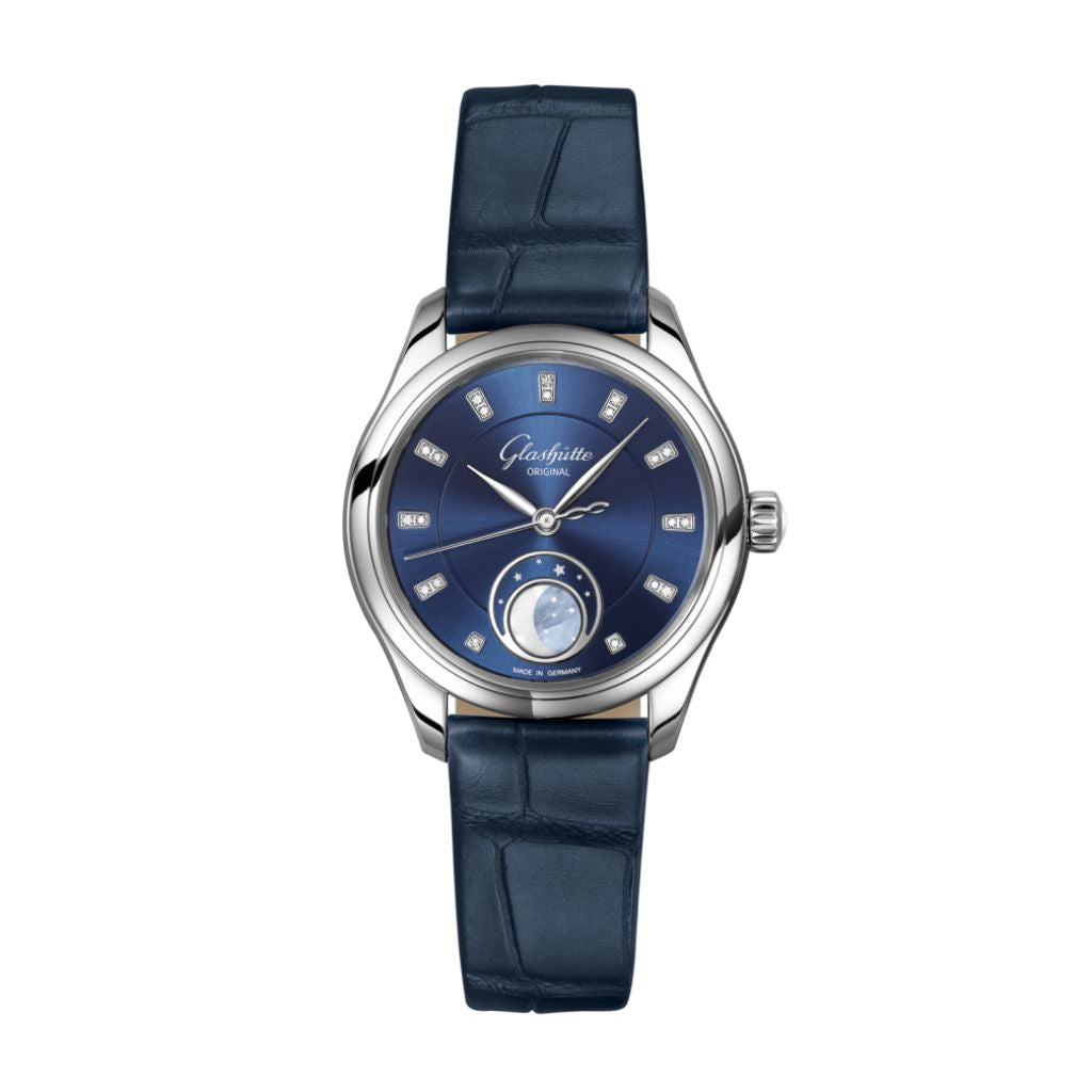 Glashuette Original Serenade Luna 32.50 mm Radiant Blue Dial with Diamonds Stainless Steel Louisiana   Leather Strap, Blue 1-35-14-03-02-04 - WATCHXNYC