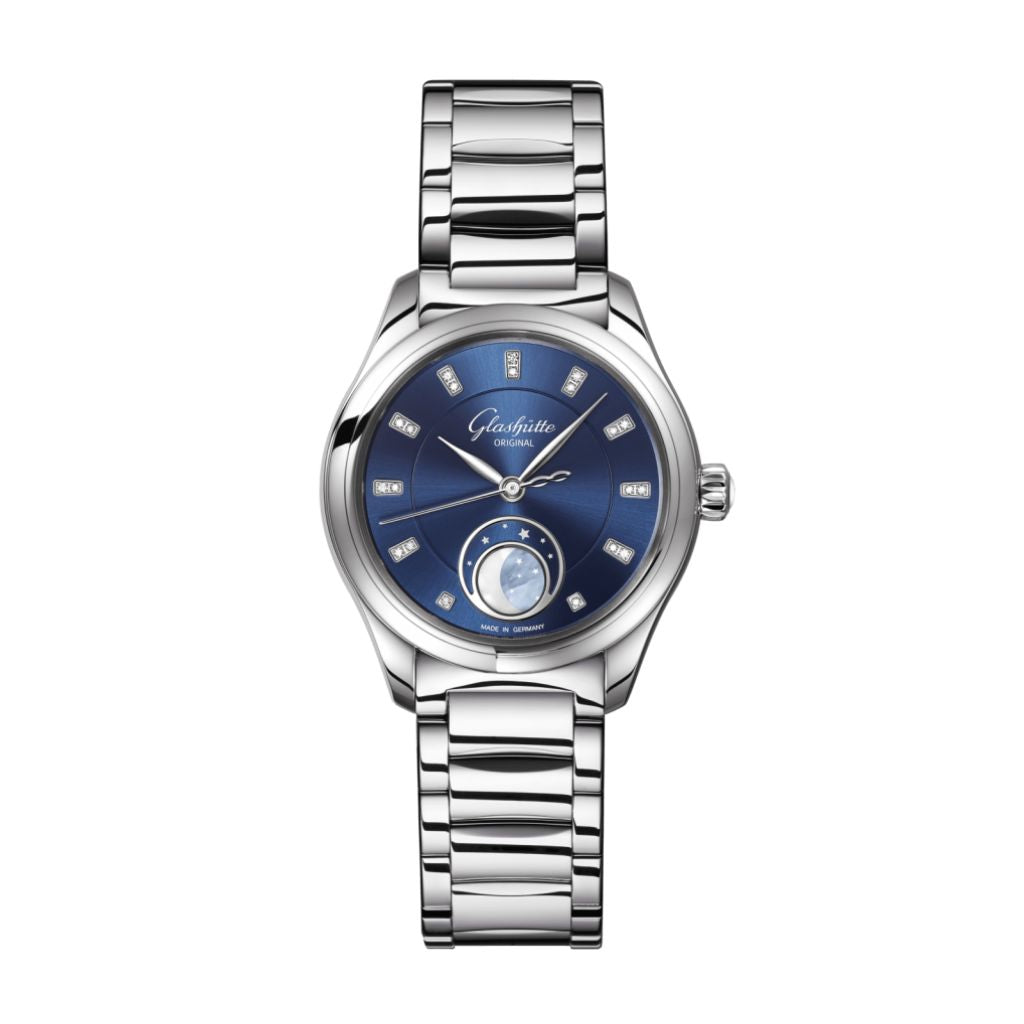 Glashuette Original Serenade Luna 32.50 mm Radiant Blue Dial with Diamonds Stainless Steel Metal Bracelet 1-35-14-03-02-14 - WATCHXNYC
