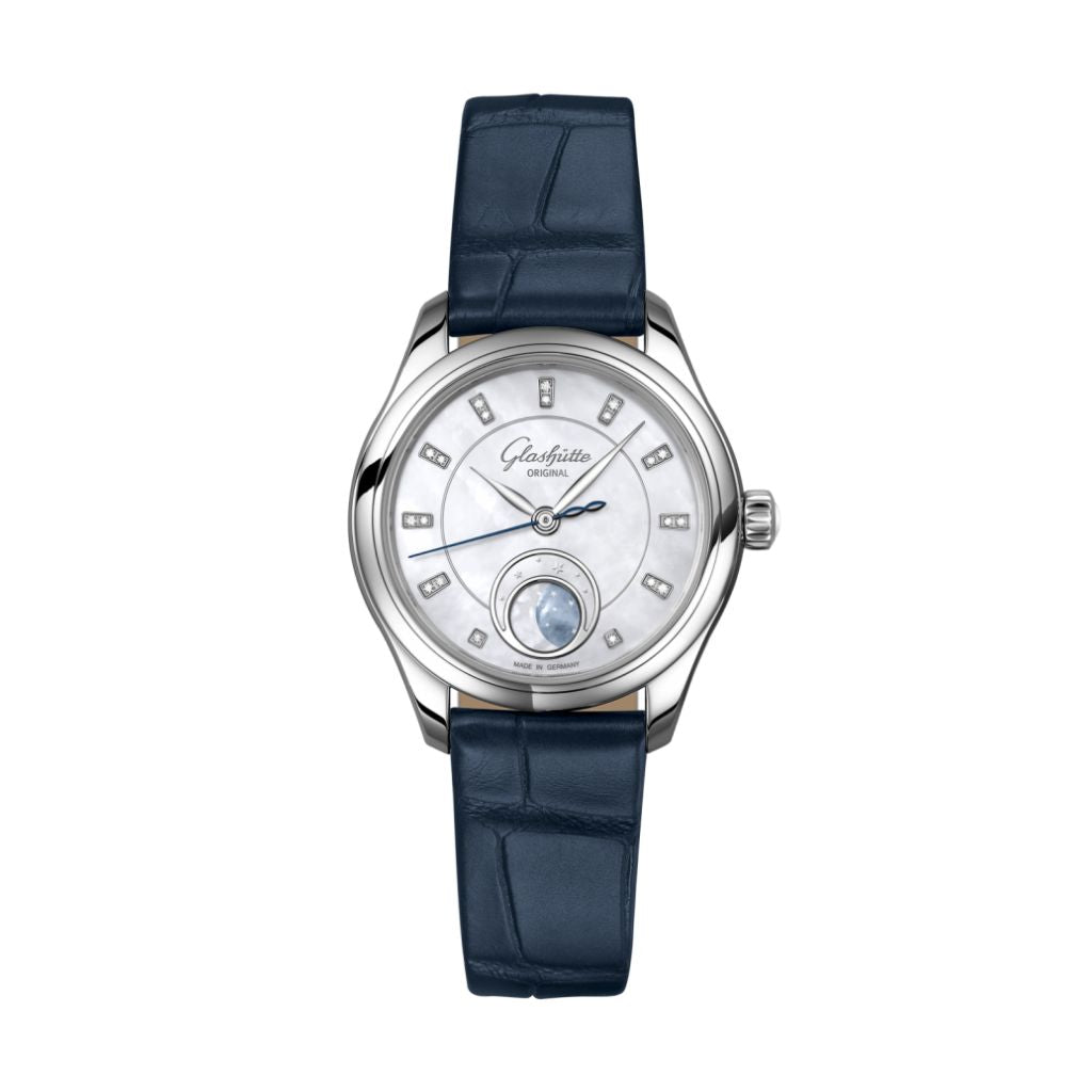 Glashuette Original Serenade Luna 32.50 mm Shimmering White Dial with Diamonds Stainless Steel Louisiana   Leather Strap, Blue 1-35-14-02-02-04 - Wrist Boutique