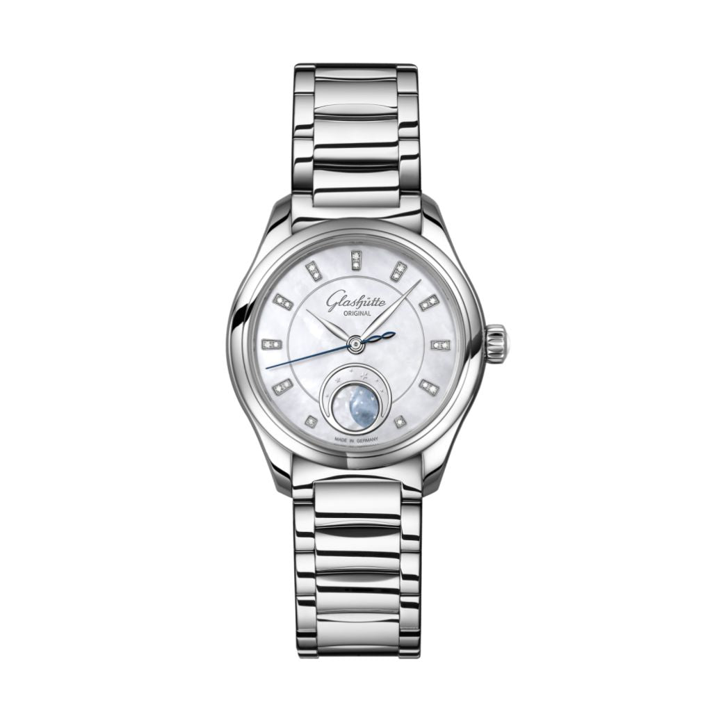 Glashuette Original Serenade Luna 32.50 mm Shimmering White Dial with Diamonds Stainless Steel Metal Bracelet 1-35-14-02-02-14 - WATCHXNYC
