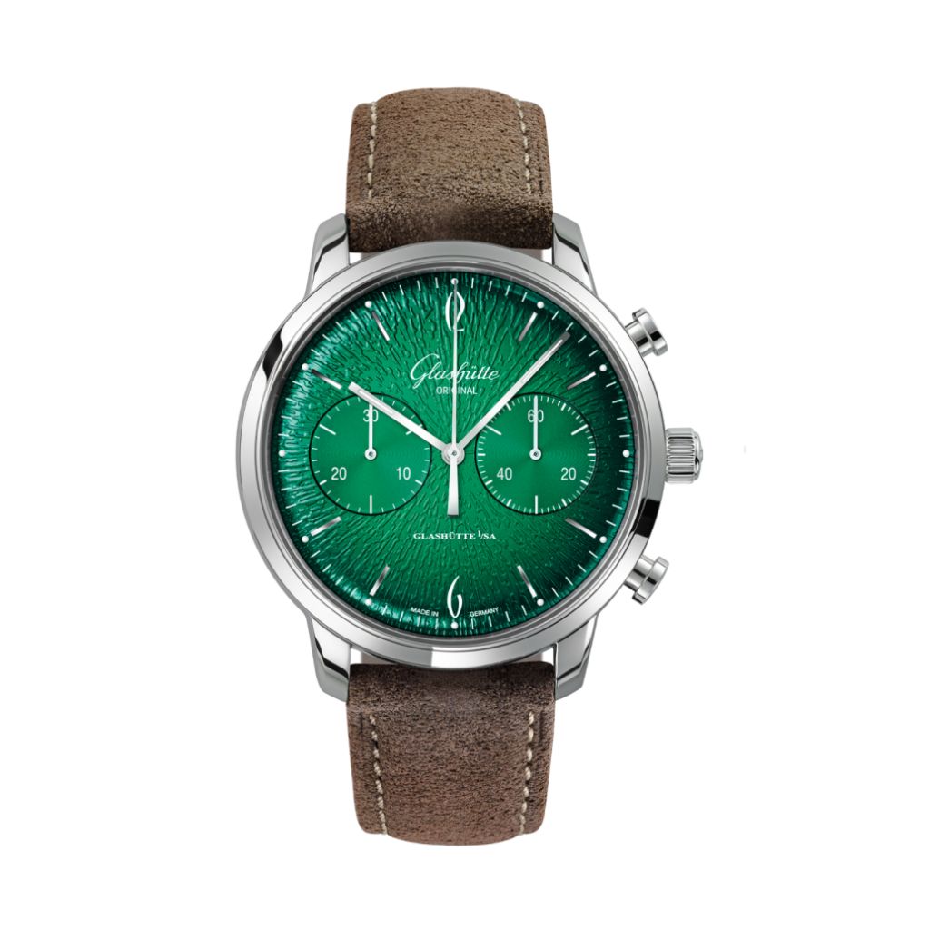 Glashuette Original Sixties Chronograph Annual Edition 42 mm Green Dial Stainless Steel   Strap, Brown 1-39-34-05-22-04 - WATCHXNYC
