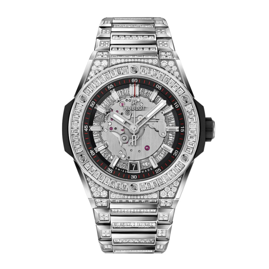 HUBLOT Big Bang Integrated Time Only Titanium Jewellery 40 mm Transparent Dial with Diamonds Polished Titanium Bracelet 456.NX.0170.NX.9804 - Wrist Boutique