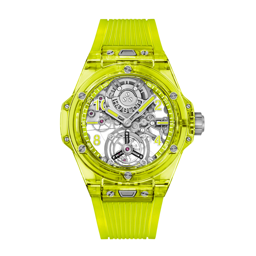 Hublot Big Bang Tourbillon Automatic Yellow Neon Saxem 44 mm Transparent Dial Polished and Microblasted Yellow Neon Saxem Rubber Strap 429.JY.0120.RT - Wrist Boutique