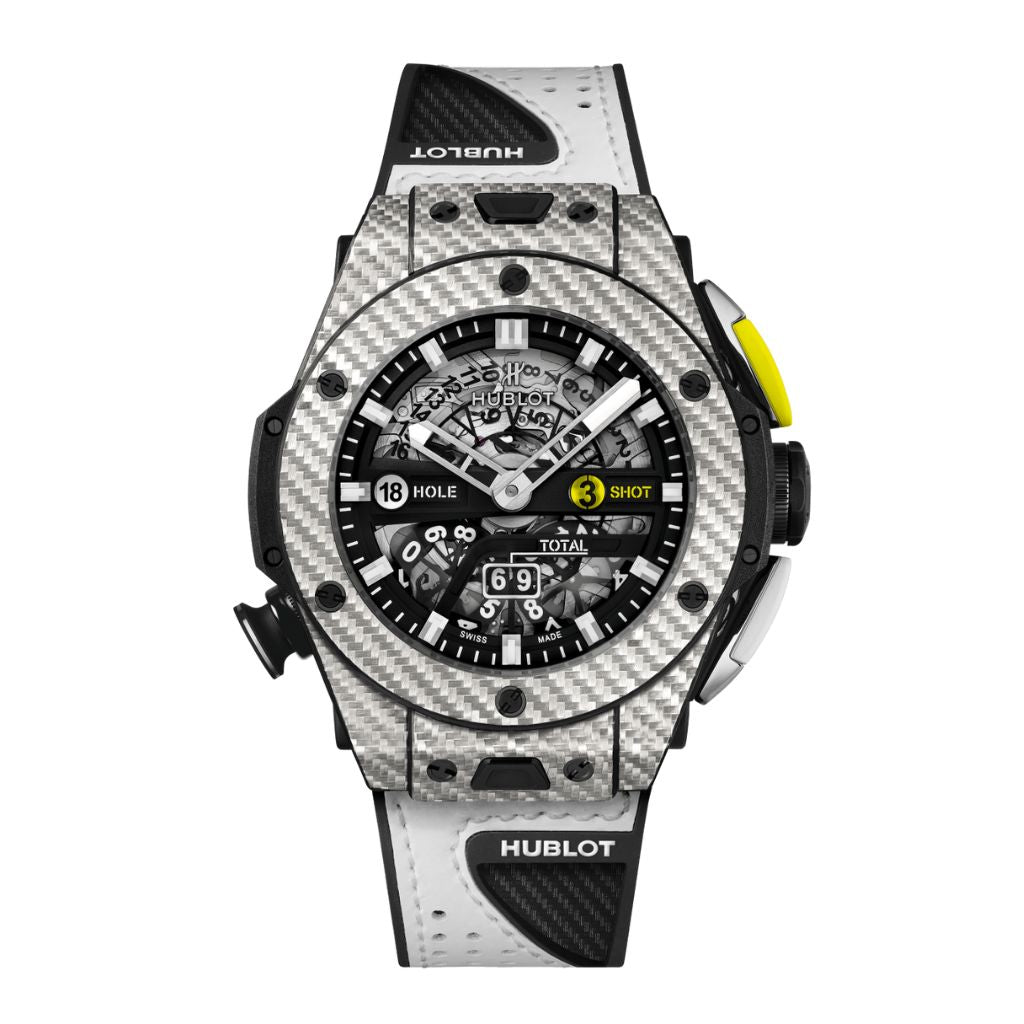 HUBLOT Big Bang Unico Golf 45 mm Black Dial Carbon Fiber and Gray Texalium Rubber with Leather Strap 416.YS.1120.VR - WATCHXNYC