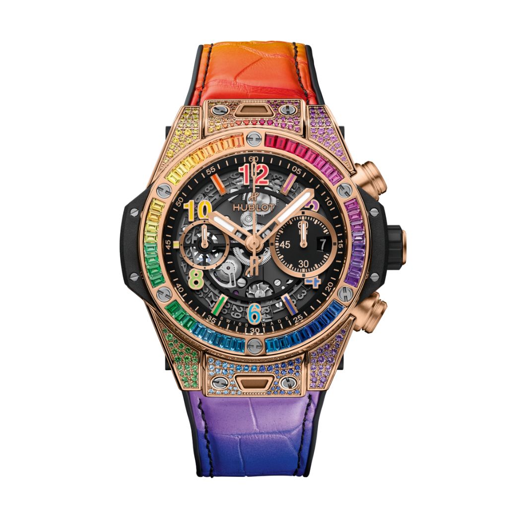 HUBLOT Big Bang Unico King Gold Rainbow 42 mm Transparent Dial with Diamonds Polished 18K King Gold  Rubber with Leather Strap 441.OX.1118.LR.0999 - Wrist Boutique