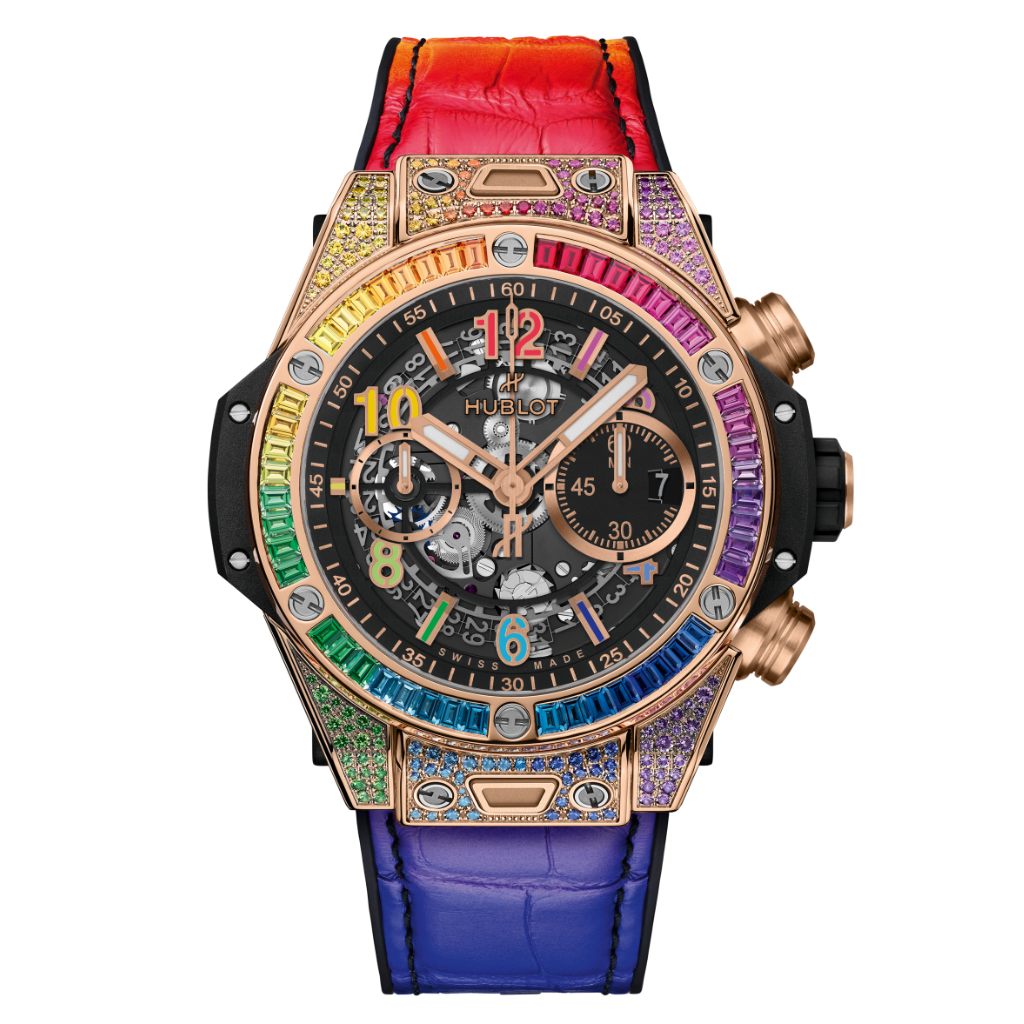 HUBLOT Big Bang Unico King Gold Rainbow 44 mm Transparent Dial with Diamonds Polished 18K King Gold Rubber with Leather Strap 421.OX.1118.LR.0999 - Wrist Boutique