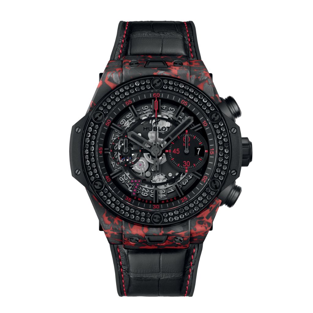 HUBLOT Big Bang Unico Red Carbon Black Diamonds Las Vegas Boutique 44 mm Transparent Dial Matt Red Frosted Carbon   Leather Strap 421.QV.1113.LR.1100.LVB23 - Wrist Boutique