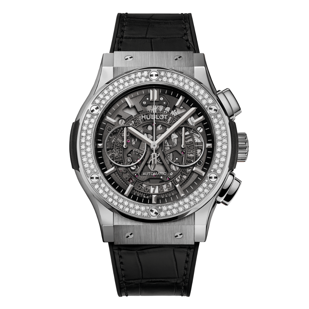 Hublot Classic Fusion Aerofusion Titanium Diamonds 45 mm Transparent Dial with Diamonds Polished Titanium   Leather Strap 525.NX.0170.LR.1104 - Wrist Boutique