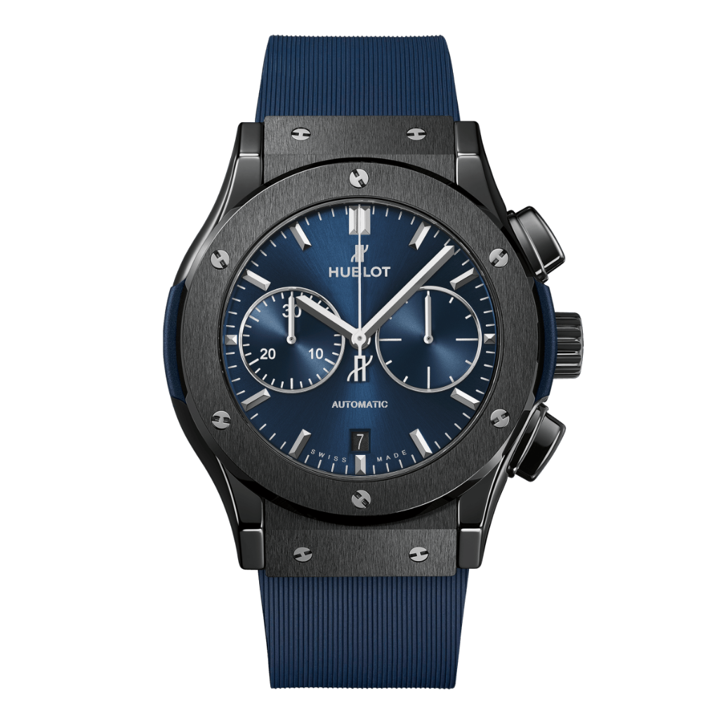 Hublot Classic Fusion Ceramic Blue Chronograph 45 mm Blue Dial Polished Black Ceramic Rubber Strap 521.CM.7170.RX - WATCHXNYC