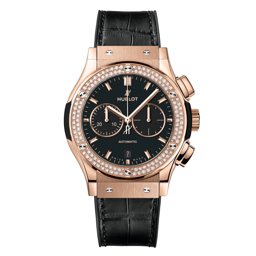 Hublot Classic Fusion Chronograph King Gold Diamonds 42 mm Black Dial with Diamonds Polished 18K King Gold   Leather Strap 541.OX.1181.LR.1104 - WATCHXNYC