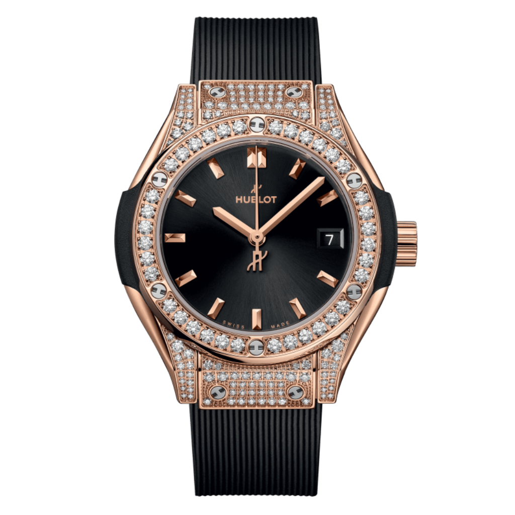 HUBLOT Classic Fusion King Gold Pavé 29 mm Black Dial with Diamonds Polished 18K King Gold Rubber Strap 591.OX.1480.RX.1604 - WATCHXNYC