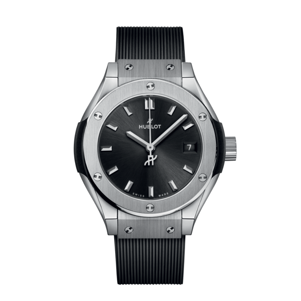 HUBLOT Classic Fusion Titanium 29 mm Black Dial Polished Titanium Rubber Strap 591.NX.1470.RX - WATCHXNYC