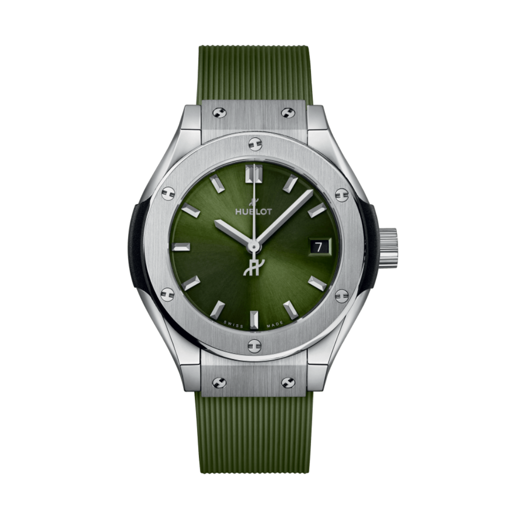 HUBLOT Classic Fusion Titanium Green 29 mm Green Dial Polished Titanium Rubber Strap 591.NX.8970.RX - WATCHXNYC