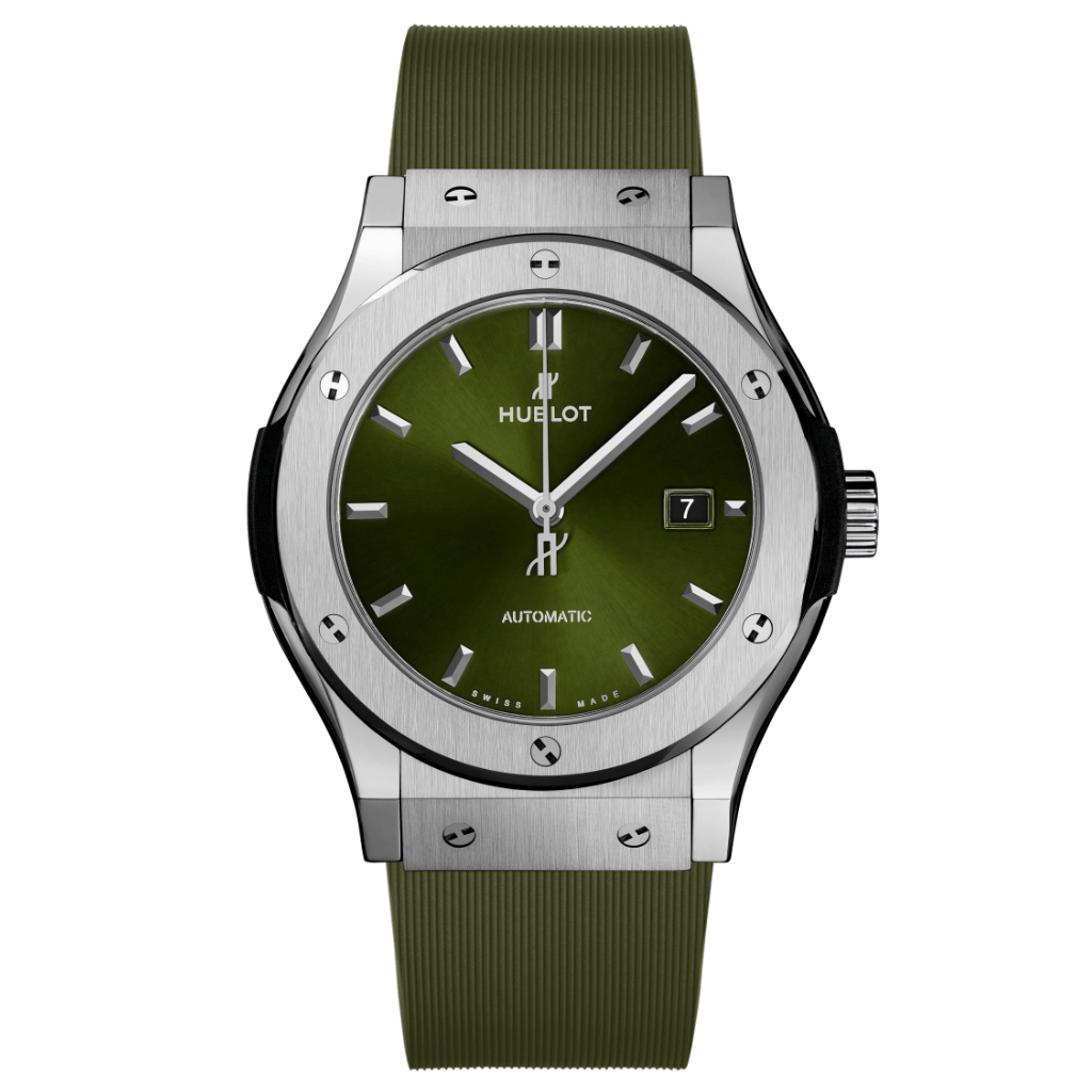 Hublot Classic Fusion Titanium Green 42 mm Green Dial Polished Titanium Rubber Strap 542.NX.8970.RX - WATCHXNYC