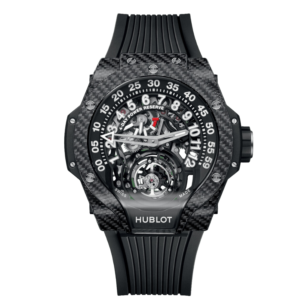 HUBLOT MP MP-13 Tourbillon Bi-Axis Retrograde Black Carbon 44 mm Transparent Dial Carbon Fiber and Black Texalium Rubber Strap 913.YT.1170.RX - Wrist Boutique