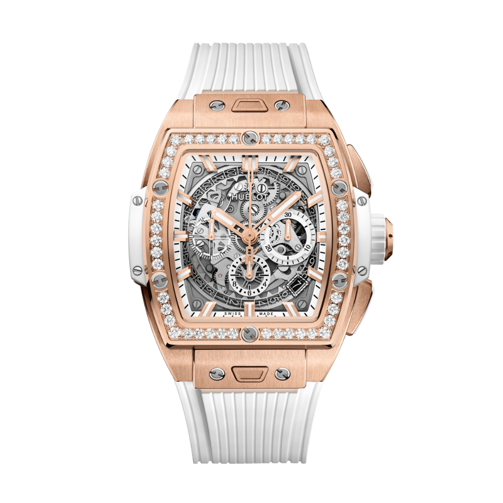 Hublot Spirit of Big Bang King Gold White Diamonds 42 mm Transparent Dial with Diamonds Polished 18K King Gold Rubber Strap 642.OE.2010.RW.1204 - Wrist Boutique