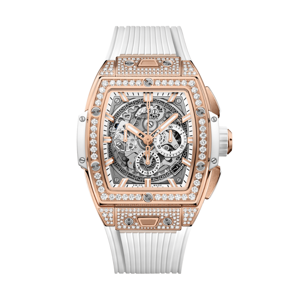 Hublot Spirit of Big Bang King Gold White Pavé 42 mm Transparent Dial with Diamonds Polished 18K King Gold Rubber Strap 642.OE.2010.RW.1604 - Wrist Boutique