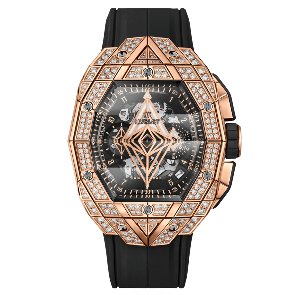 HUBLOT Spirit of Big Bang Sang Bleu King Gold Pavé 42 mm Transparent Dial with Diamonds Polished 18K King Gold Rubber Strap 648.OX.0108.RX.1604.MXM23 - Wrist Boutique