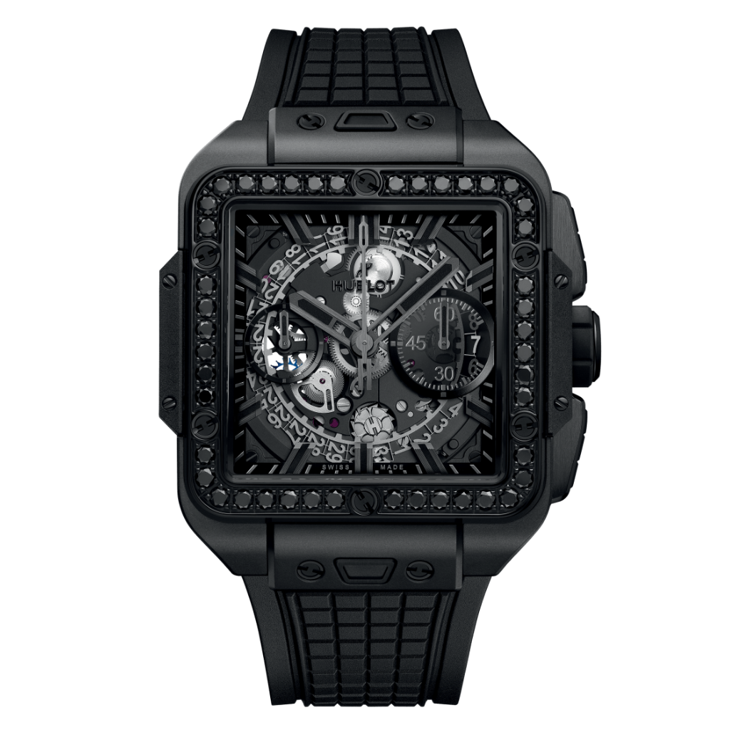 HUBLOT Square Bang Unico All Black Diamonds 42 mm Transparent Dial Microblasted and Polished Black Ceramic Rubber Strap 821.CX.0140.RX.1200 - Wrist Boutique