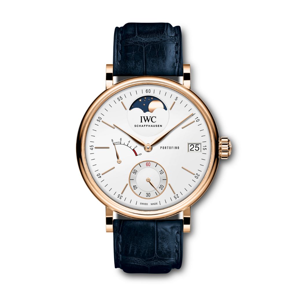 IWC Schaffhausen Portofino Hand-Wound Moon Phase 45 mm Silver  Dial 18 Kt 5N Gold Blue   Leather Strap IW516409 - WATCHXNYC