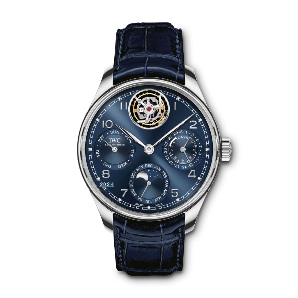 IWC Schaffhausen Portugieser Perpetual Calendar Tourbillon 45 mm Blue Dial Platinum Blue   Leather Strap IW504506 - WATCHXNYC