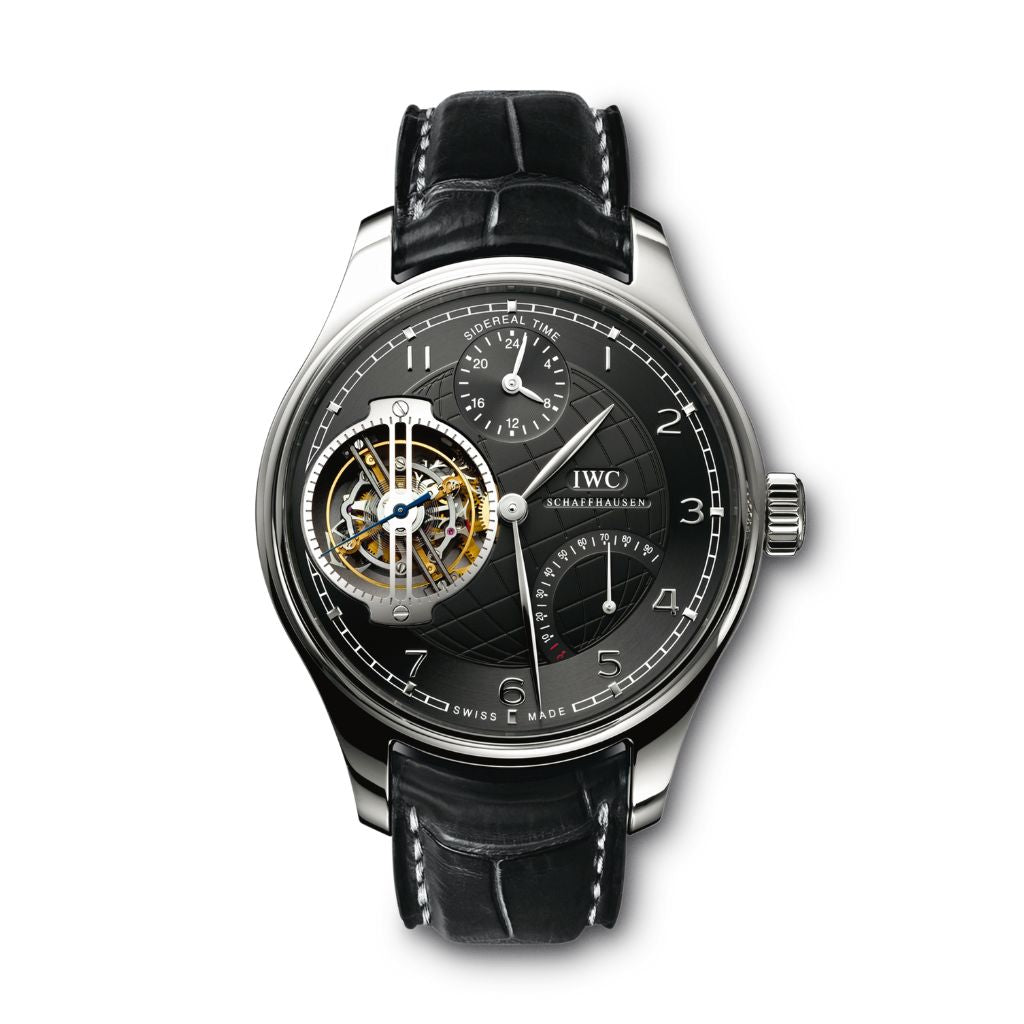 IWC Schaffhausen Portugieser Sidérale Scafusia 46 mm Black Dial Platinum Black   Leather Strap IW504101 - WATCHXNYC