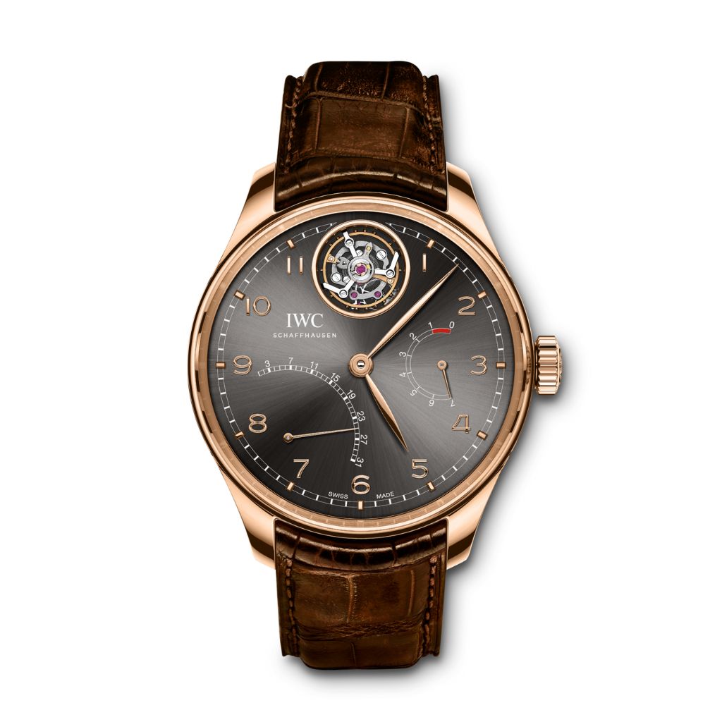 IWC Schaffhausen Portugieser Tourbillon Mystère Rétrograde 44.2 mm Grey Dial 18k 5N Gold Dark Brown   Leather Strap IW504602 - WATCHXNYC
