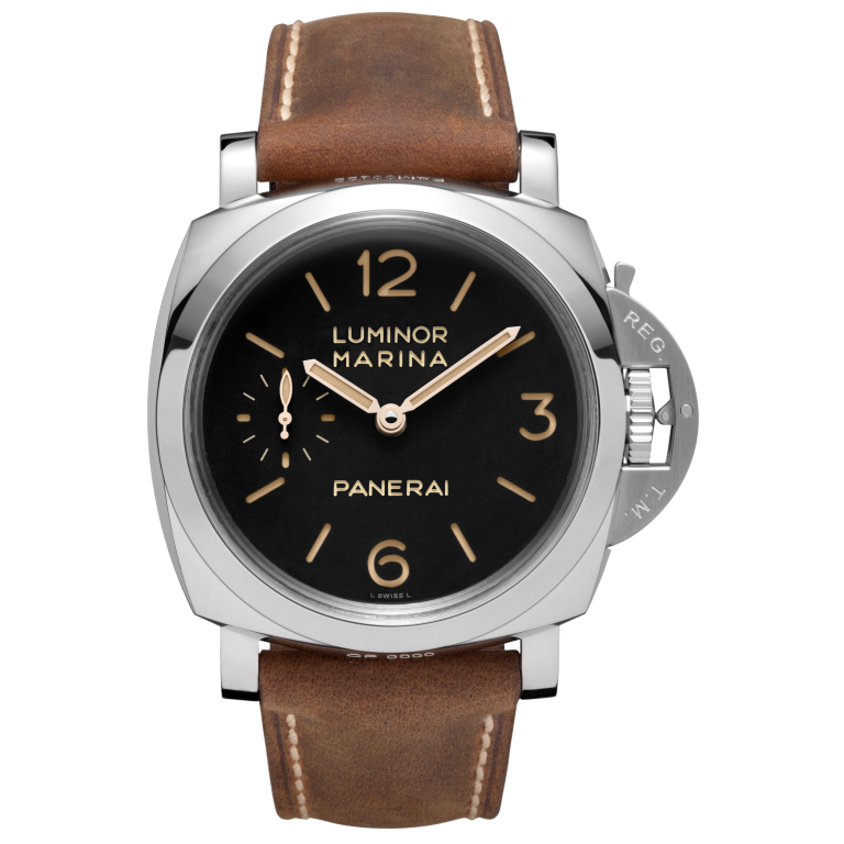 Panerai Luminor Marina 47 mm Black Dial Stainless Steel Scamosciato Dark Brown Leather Strap PAM00422 - WATCHXNYC