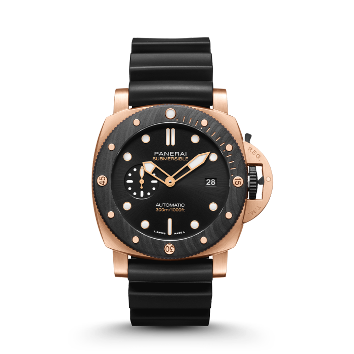 Panerai Submersible QuarantaQuattro Goldtech™ OroCarbo 44mm Black Dial Brushed Goldtech™ Rubber Strap PAM02070 - WATCHXNYC