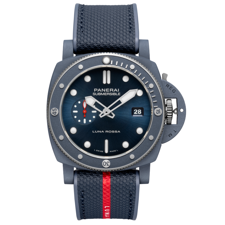 Panerai Submersible QuarantaQuattro Luna Rossa Ti-Ceramitech™ 44 mm Blue Dial  Ti-Ceramitech Bi-Material Rubber/Textile Luna Rossa Blue Strap PAM01466 - Wrist Boutique
